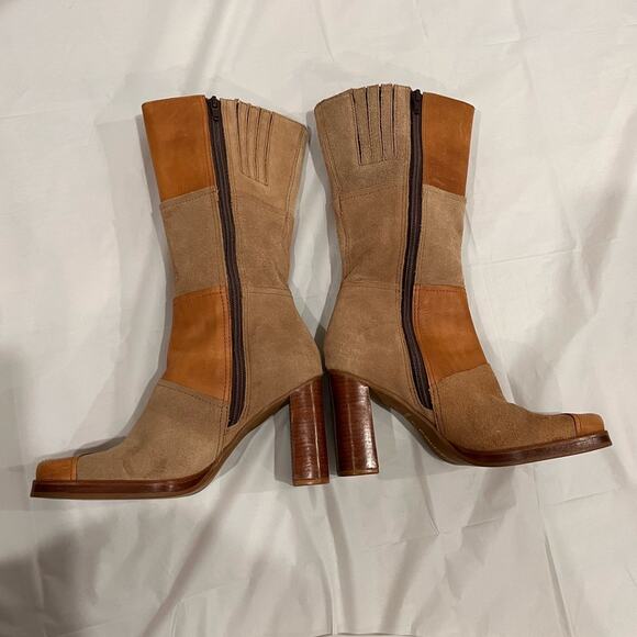 Vintage 90s Y2K Candies Boots Leather Patchwork Size 7 Tan Wood Heel Mid Calf - Picture 6 of 12